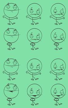 Cartoon Stickman Character Expression Sheet Showing Emotions and Poses on Removeable Green Background vector