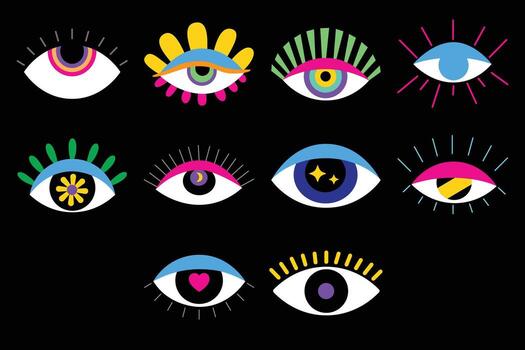 Psychedelic eye set for groovy and surreal design ornament vector
