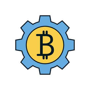 Cryptocurrency bitcoin gear illustration representing fintech innovation, crypto setup, and blockchain engine vector