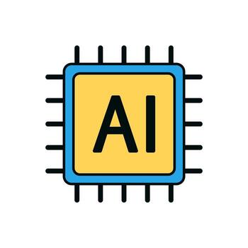 AI hardware component icon showing digital processor with blue outline and yellow core for tech concept vector