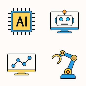 Illustration of AI Chip, Robot Face on Monitor, Data Graph, and Robotic Arm in Minimalist Flat Style on White Background vector