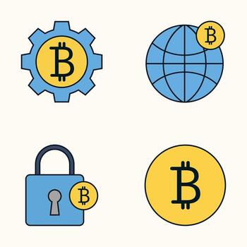 Collection of Bitcoin Icons Showing Blockchain Mechanism, Worldwide Cryptocurrency, Secure Bitcoin Storage, and Digital Coin Symbol vector