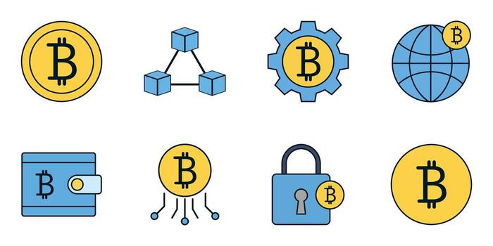 Modern bitcoin and cryptocurrency icon set with blue and yellow theme for blockchain and fintech graphics vector