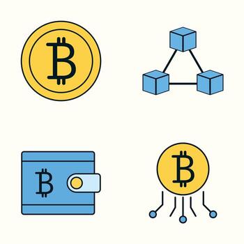 Collection of Financial Technology Icons Featuring Bitcoin Payment, Blockchain Nodes, Crypto Wallet, and Cryptocurrency Flow Design vector