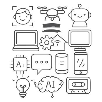 Doodle Icons Representing Artificial Intelligence and Technology Concepts. vector