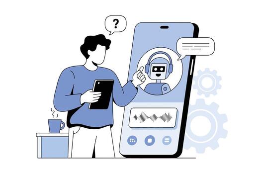 Man Interacting with AI Chatbot on Smartphone, Seeking Assistance Digital Support System in Action Modern Helpdesk, Virtual Assistant, and AI Powered Communication Concept vector