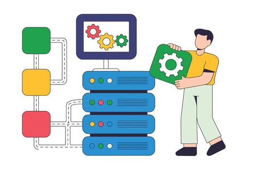 Man configuring Server Infrastructure Network Diagram, Servers, Data Centers, IT Solutions illustration for cloud computing, system administration, tech support, and DevOps concepts vector
