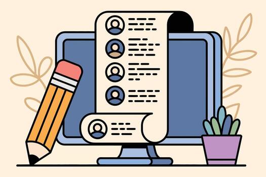 Cartoon Illustration of Candidate List on Computer Screen, Featuring Pencil, Plant, and Beige Background for Recruiting, Job Applications, and Online Selection Concepts vector