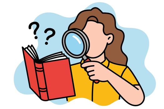 Illustration of a curious woman reading a book with a magnifying glass, surrounded by question marks, symbolizing investigation, learning and intellectual curiosity in a bright, playful style vector