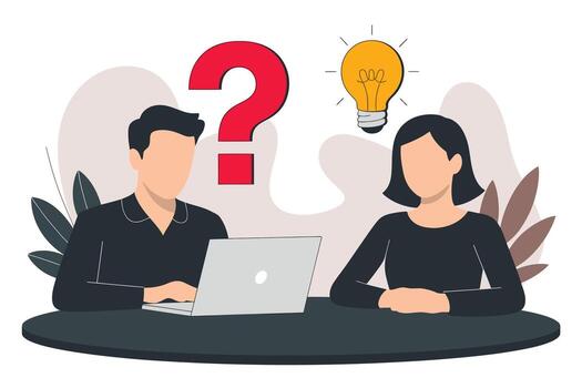 creativo ilustración de idea Generacion con un pregunta marca y bombilla, presentando dos profesionales a escritorio con computadora portátil, concepto de colaboración, lluvia de ideas, y problema resolviendo vector