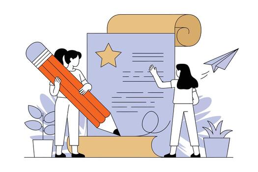 dos personas colaborando en un Desplazarse documento con un grande lápiz y un papel avión, ilustración para contenido creación y negocio camaradería vector