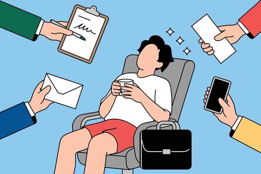 Man relaxing in office chair, overloaded with requests, deadlines, and work tasks in a cartoon style, illustration, surrounded by hands offering assignments vector