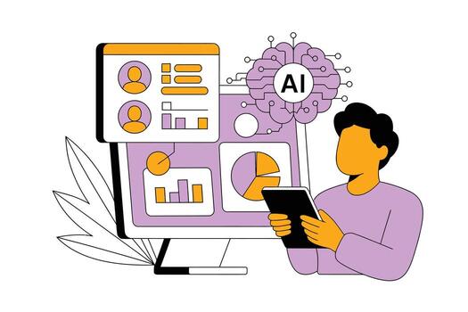 ai impulsado datos análisis ilustración de un persona utilizando un tableta en frente de un computadora con ai cerebro y datos tableros para informado negocio decisiones vector