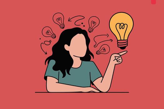 sin rostro mujer con creativo ideas ilustración en rojo fondo, exhibiendo innovación, lluvia de ideas, solución hallazgo, y negocio estrategia digital Arte para creativo proyectos, márketing vector