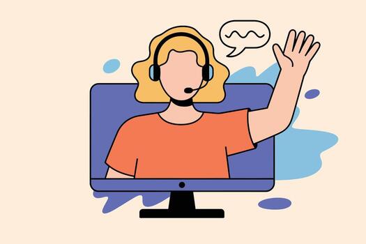 Online Support Assistant Illustration Friendly customer service representative with headset waving from a computer screen, showcasing communication, remote work, and professional assistance vector