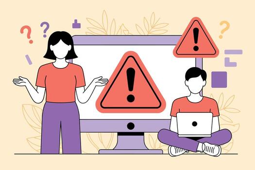 Two Cartoon People Facing Computer Error Creative Flat Illustration Internet Security, Cybersecurity, Website Bug, Coding Problem, System Failure, IT Support vector