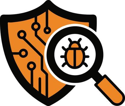 Cybersecurity shield with bug and magnifying glass, malware detection concept vector
