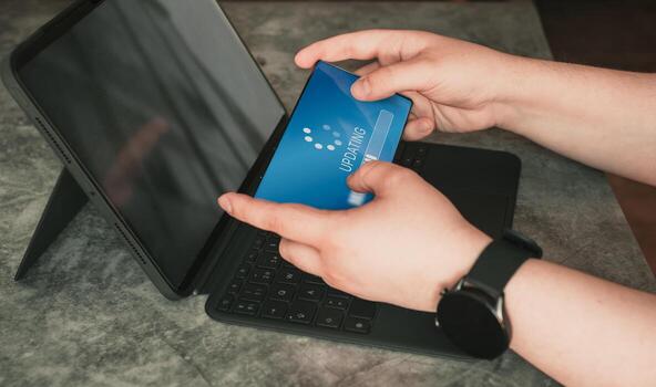 Woman updating smartphone software. Upgrade system interface on phone screen. Update progress bar for system upgrade. photo