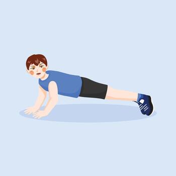 Man performing push-up exercise on floor for body strength and home fitness routine. vector