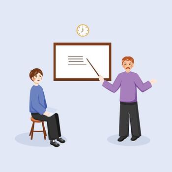 Teacher explaining lessons to a student with a whiteboard background, ideal for education, learning, and classroom concept illustrations. vector