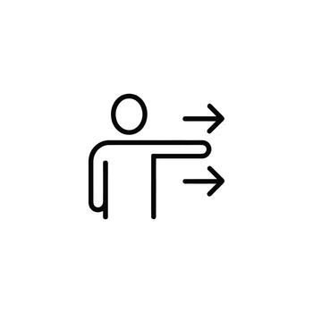 gráfico icono ilustrando un persona señalando o dirigente hacia el Derecha utilizando dos flechas a indicar dirección o movimiento en un blanco antecedentes limpiar vector