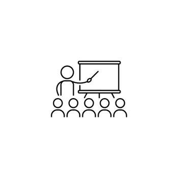 Simple Black and White Line Art Depicting a Person Presenting Information to a Group of People using a Whiteboard in a Classroom Setting, Highlighting Knowledge Transfer and Education vector