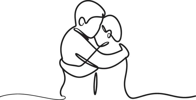 Continuous Line Drawing of Couple Hugging Expressing Love and Support in Minimalist Style vector