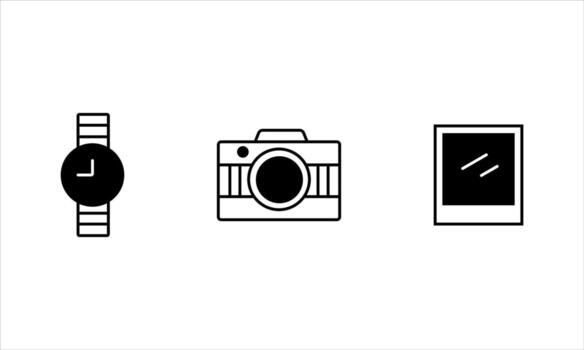 Three simple line icons depicting a wristwatch, a camera, and a photograph, arranged horizontally against a white background vector
