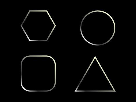 A set of four geometric shapes, including a hexagon, circle, rounded square, and triangle, all outlined in a shiny, metallic silver color against a black background vector