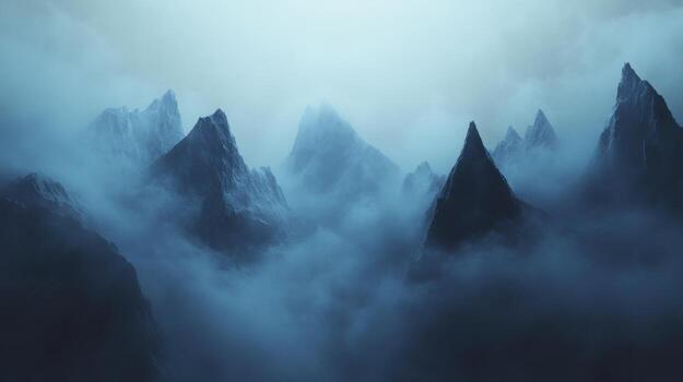 Hidden mountain range veiled in layered fog with faint peaks and drifting clouds during soft ambient twilight photo