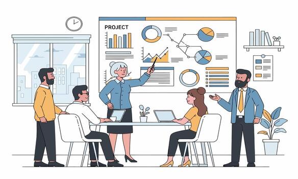 Business Team Meeting Analyzing Project Data and Strategy for Future Growth vector