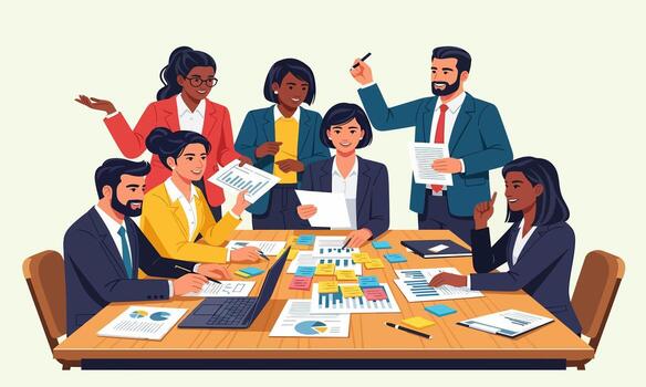 A diverse team of professionals collaborates dynamically in a business meeting, analyzing strategies and data for successful project development and innovation vector