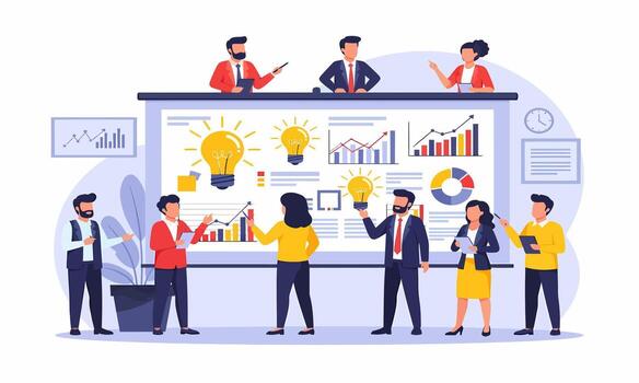 Business team collaborating on a creative project, brainstorming innovative ideas during a strategic presentation with charts and analytics vector