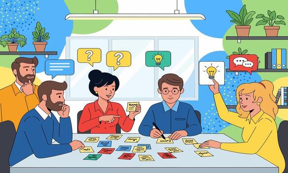 Diverse Team Brainstorming Innovative Ideas, Collaborating on Creative Solutions and Problem-Solving in a Modern Office Meeting. Group Discussion and Strategy Development with Sticky Notes vector