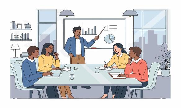 Diverse business team in a modern office collaborating during a presentation with data charts and graphs vector