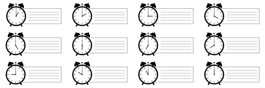 set of alarm clock icon notifying each hour with short note isolated on white, illustration. vector