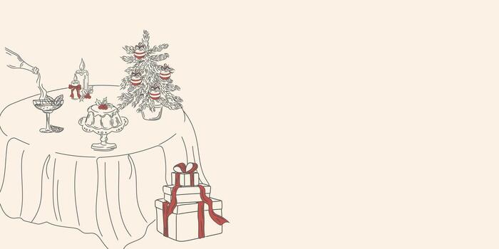 A minimalist poster featuring a festive Christmas table setting with gifts and a tree.An illustration of a table set with food,drinks,and candles.A hand-drawn New Years invitation with doodle elements vector