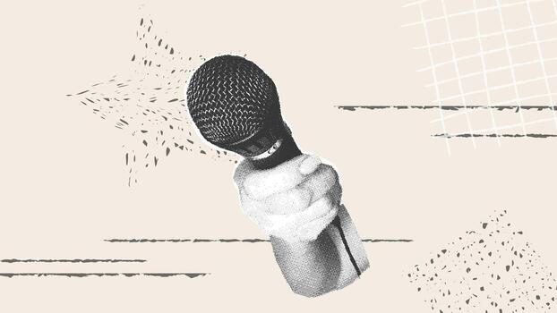 A dynamic handheld microphone with an abstract collage background. A trendy halftone collage with a grainy photocopy effect for flyers, banners, and social media. vector
