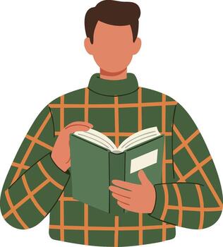 Illustration of a Man Reading Book in Modern Flat Style with Warm Color Palette Emphasizing Casual Lifestyle and Education Themes vector