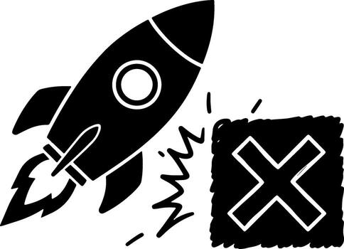 Black and white rocket crashing into a box with an X symbol vector