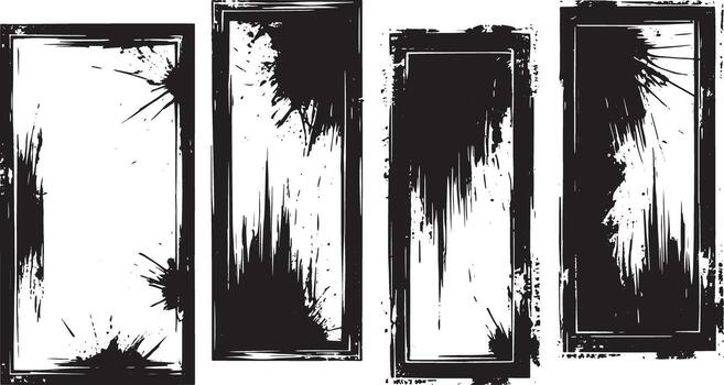 conjunto de 4 4 vertical grunge tinta salpicar marcos - afligido, resumen negro fronteras vector