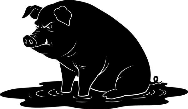 Silhouette of a Grumpy Pig Sitting in Mud Puddle vector