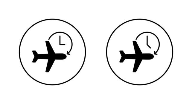 Airplane delay icon in circular outline. Flight with clock and circular arrow symbol for schedule change vector