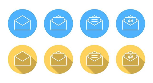 Email envelope line icon with long shadow. Open mail with letter and mention symbol for message vector
