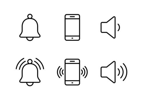 Notification bell, mobile phone, and sound speaker icon. Ringing and vibration symbol vector