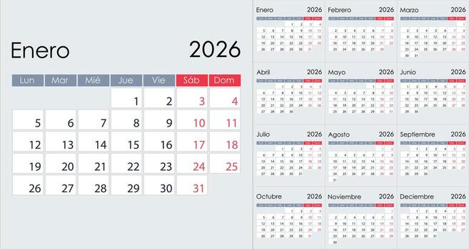 Clean Minimalist 2026 Yearly Calendar Grid Layout, on Spanish language vector