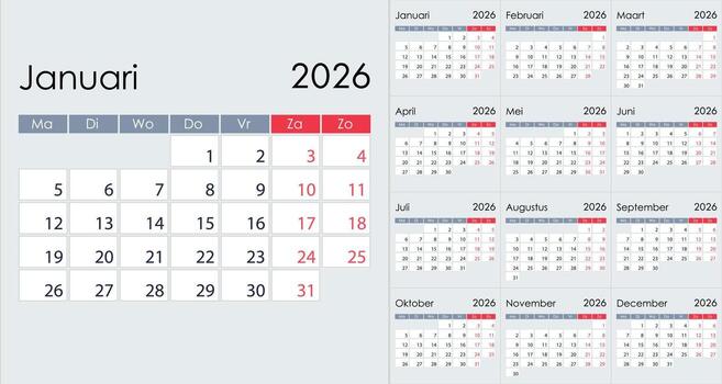 Clean Minimalist 2026 Yearly Calendar Grid Layout, on Dutch language vector
