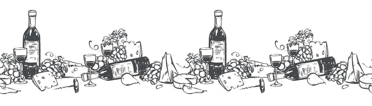 composition with wine, a glass of wine, and snacks. Seamless horizontal pattern. Grapes, cheese, and fruit in a quick, linear, ink-style sketch. Clipart for menus, wine lists, and tastings. vector
