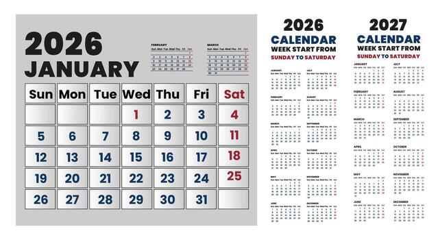 2026 and 2027 calendar design. English calendar design monthly layout. 2026 to 2027 yearly calendar layout from Sunday to Saturday. vector