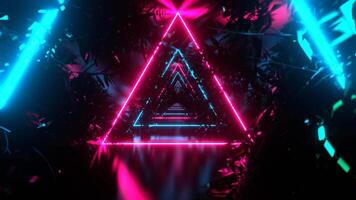 cyan och rosa neon triangel tunnel med träd grenar bakgrund vj slinga i 4k video